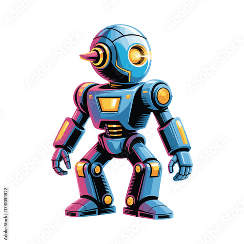 Adorable blue robot character illustration. Robot with gleaming yellow eyes and a pointed nose. Modern robot T-shirt Design with vibrant colors.