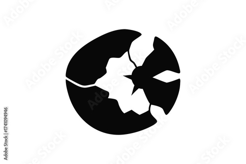 Abstract cracked egg silhouette representing fragility brokenness and new beginnings with a stark black and white contrast