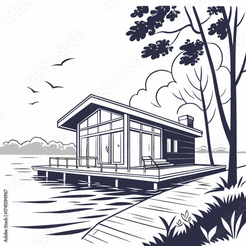 Modern house on lake with pier and trees vector illustration