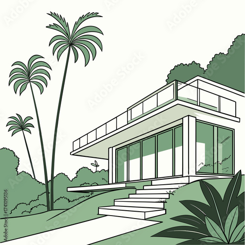 Modern villa with glass balcony and palm trees architecture 1