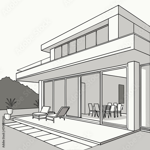 Modern villa with open terrace and dining area vector