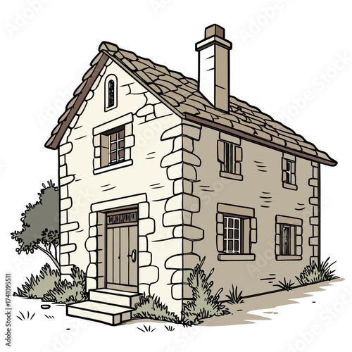 Old stone cottage with tiled roof and chimney house