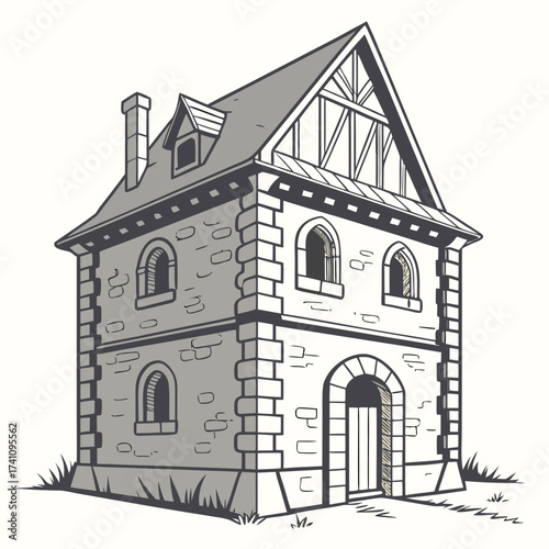 Old stone medieval house with arched doorway and windows