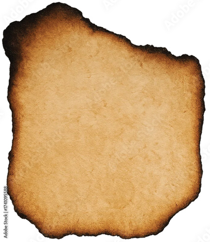 Blank antique parchment paper with burnt and charred edges, providing a vintage texture for a treasure map or historical document