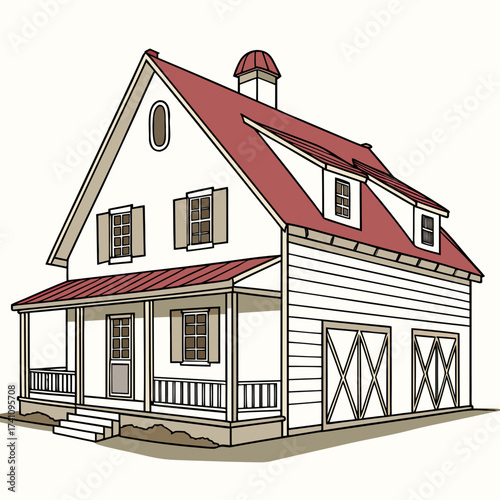 Red roofed farm house with garage doors and porch home