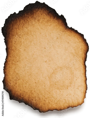 Burnt paper texture -  A  brown paper with charred edges on a white backdrop, design element