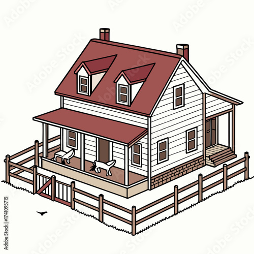 Red roofed farm house with porch and fence ranch building