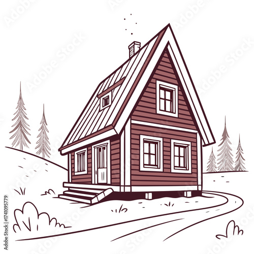 Red wooden house with steep roof and trees red house