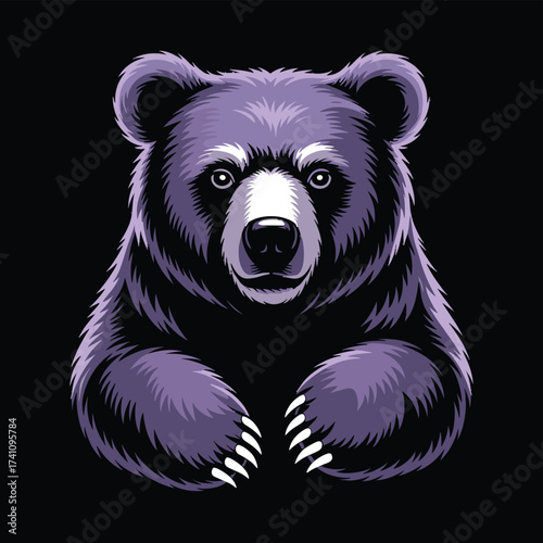 Front facing purple grizzly bear head and paws, wild animal mammal. Wild animal portrait perfect for merchandise, sticker, T-shirt Design.
