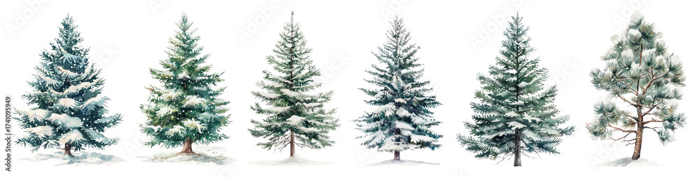Obraz premium PNG Snow-covered evergreen trees illustration, element set on transparent background