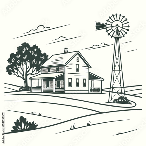 Rural farm house with windmill and tree vector illustration