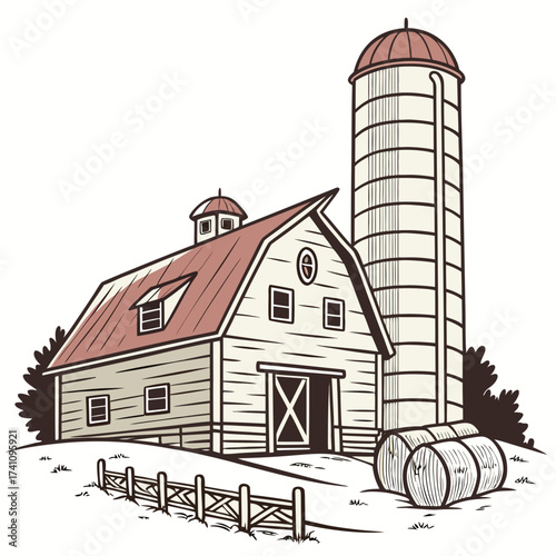 Rustic barn and silo with hay bales vector illustration 1