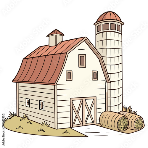 Rustic barn and silo with hay bales vector illustration