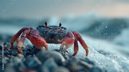Marine marvel: Portrait of a crab emerging from the ocean's embrace