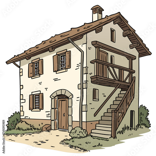 Rustic European village house with wooden balcony and shutters