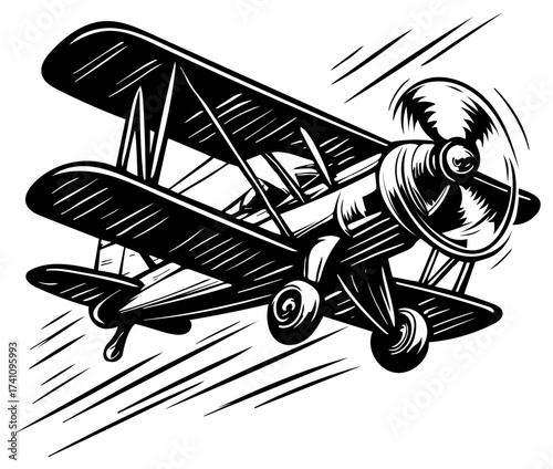 Vintage biplane flying through the air in a dynamic vector style