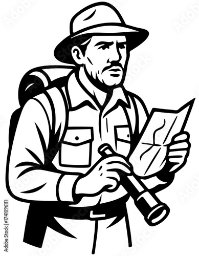 Explorer studies a map during expedition in the wilderness