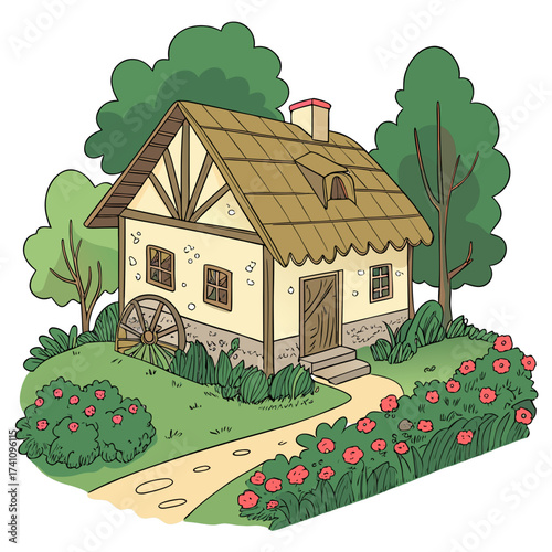 Rustic farmhouse with thatched roof and garden country