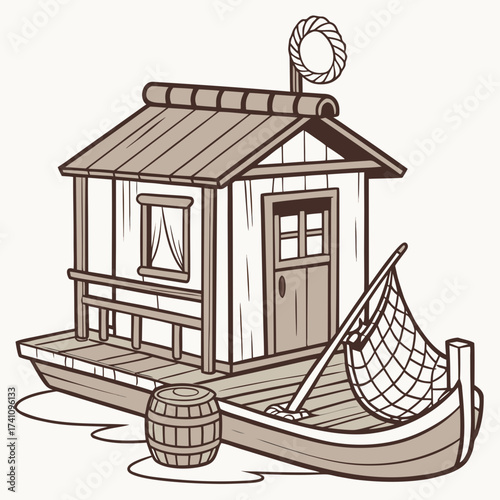 Rustic houseboat with fishing net and barrel vector