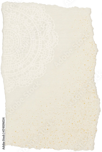 A vertical sheet of aged cream-colored paper with a subtle embossed lace doily pattern and a rustic torn deckled edge, isolated on a white background