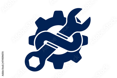 Minimalist blue graphic illustrating a gear and two intertwined wrenches, representing essential mechanical settings, system maintenance, technical support, and repair services