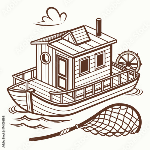 Rustic houseboat with fishing net on water waves