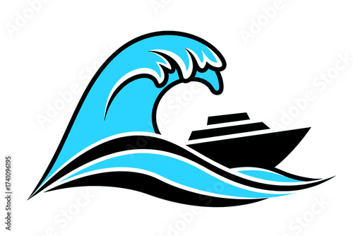 Stylized graphic illustration depicting a vibrant blue ocean wave cresting powerfully, with a sleek black boat navigating its motion, symbolizing maritime adventure and exploration