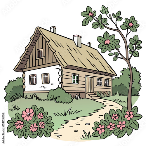 Rustic log cabin with thatched roof and garden country house