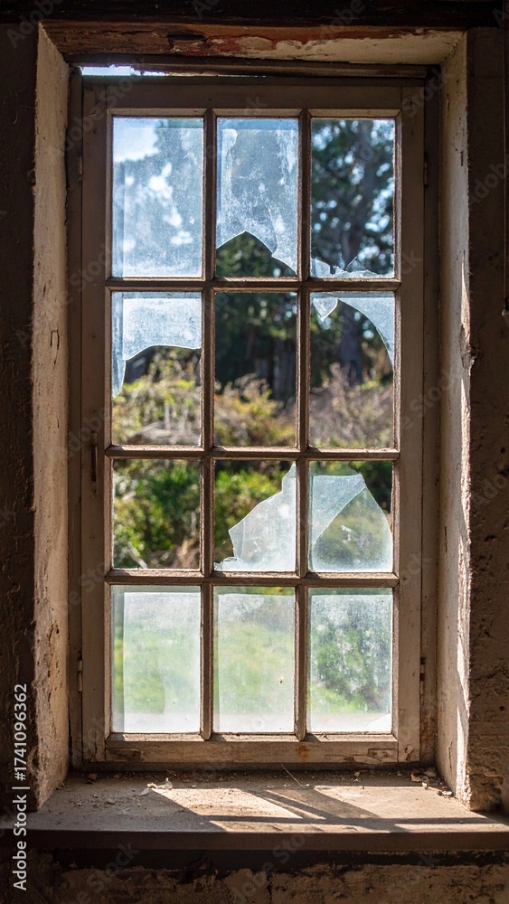Fototapeta premium Broken Vintage Window with Outdoor Green View