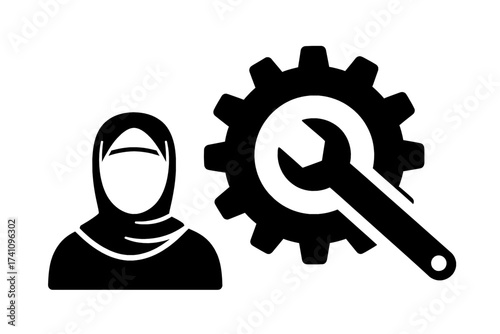 Empowering icon depicting a woman in a hijab engaged in technical services, maintenance, or engineering, representing expertise and career success in various industries