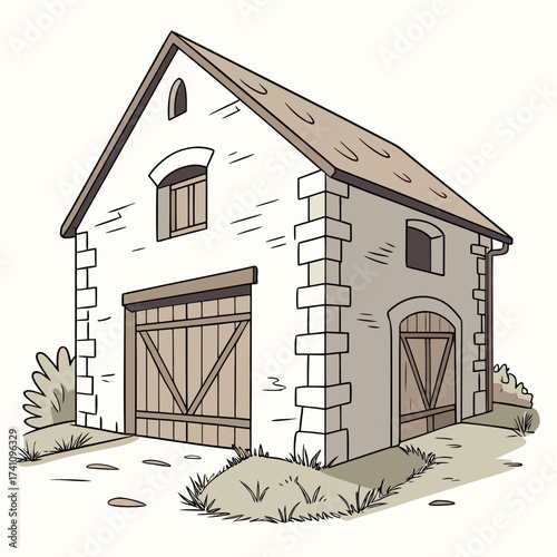 Rustic stone barn with wooden doors vector illustration