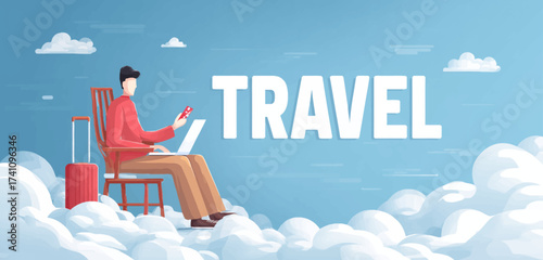 Man Booking Travel Online with Credit Card Sitting Above Clouds Illustration