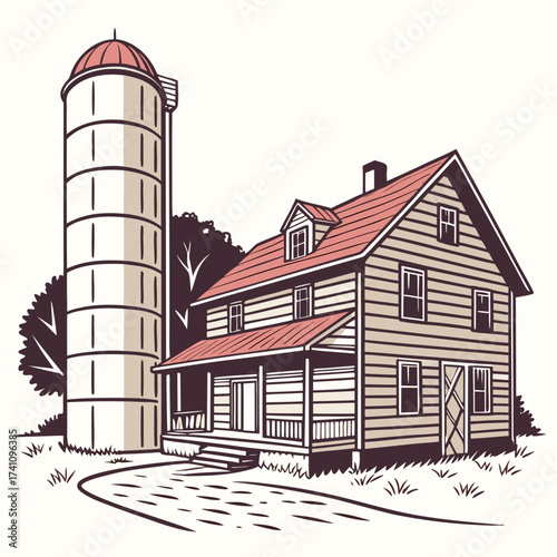 Rustic wooden farmhouse and silo vector illustration