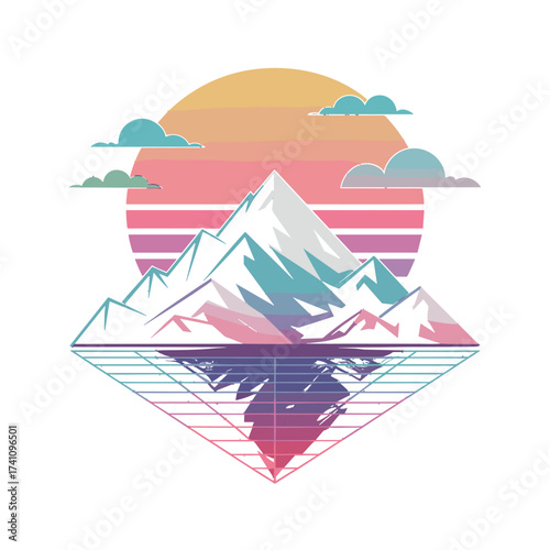 Geometric mountain landscape with sun and clouds illustration. Synthwave style natural scenery. T-shirt Design. 80s styled outdoor adventure. Minimalist outdoor T-shirt Design.