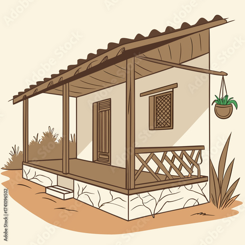 Sepia toned vector illustration of a traditional Indian mud hut