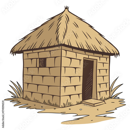 Simple mud hut with thatched roof and straw accents