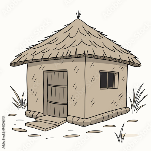 Simple mud hut with thatched roof and straw accents 1