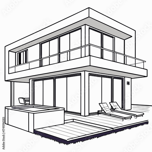 Sleek modern villa with rooftop jacuzzi and lounge chairs