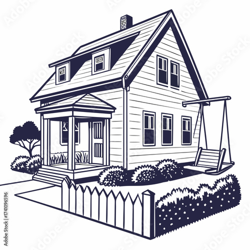 Single story suburban house with porch swing and picket fence