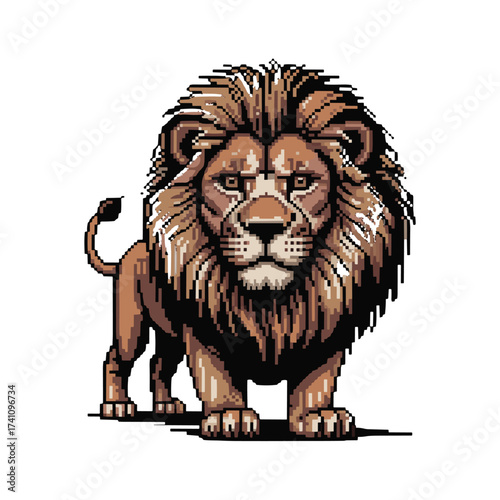 Mighty lion in pixel art illustration, standing bravely, king of jungle, powerful animal, retro T-shirt Design inspiration for gamers.