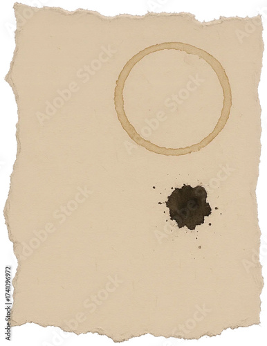 Aged piece of torn paper with a circular coffee stain and a dark ink blot, isolated on a white background for a vintage design