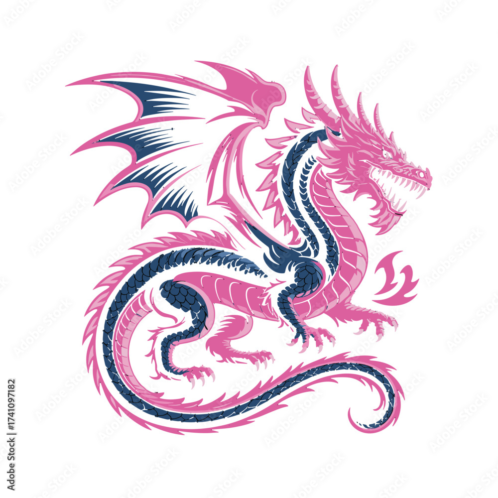 Fototapeta premium Pink and blue dragon mythical creature, fantasy animal with scales and wings. Powerful beast illustration for gaming or T-shirt Design.