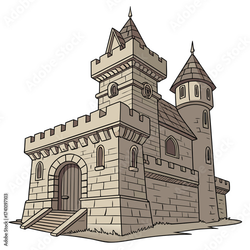 Stone castle with towers and arched doorway vector