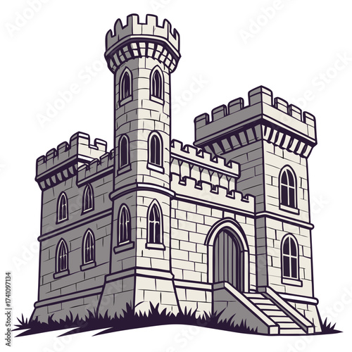 Stone castle with towers and arched windows vector illustration