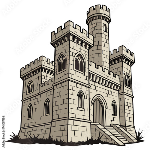 Stone castle with towers and arched windows vector