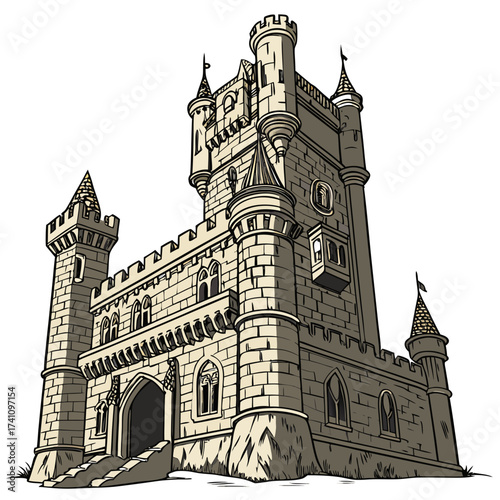Stone castle with towers and flags vector illustration