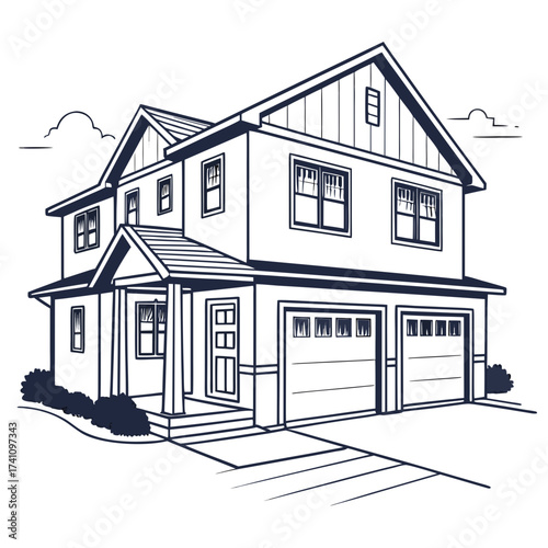 Suburban duplex house with two car garage vector outline