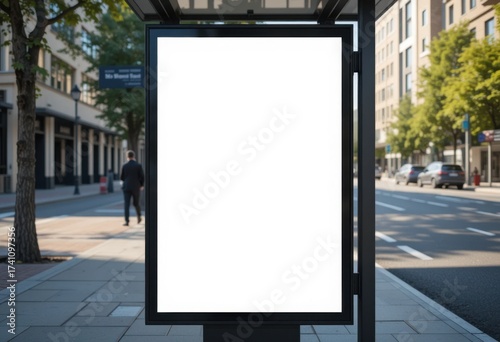 Maqueta de cartel de parada de autobús en blanco moderno, perspectiva en ángulo, acera de la ciudad, sombras sutiles, plantilla para exhibición de marketing al aire libre