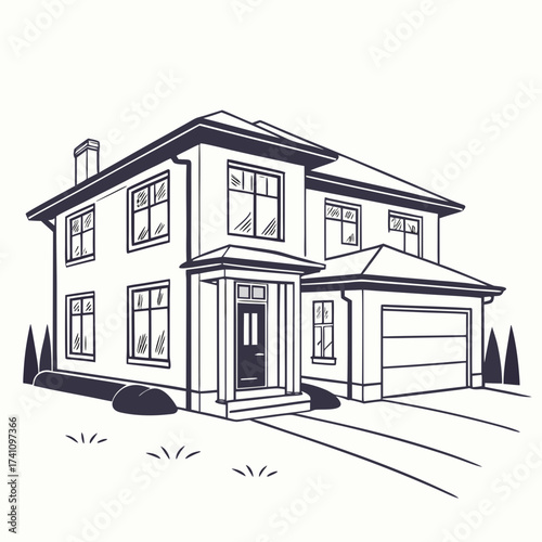 Suburban two story house with garage and chimney home