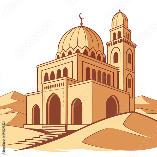 Traditional Arabian Clay House with Dome and Minaret in Desert Landscape